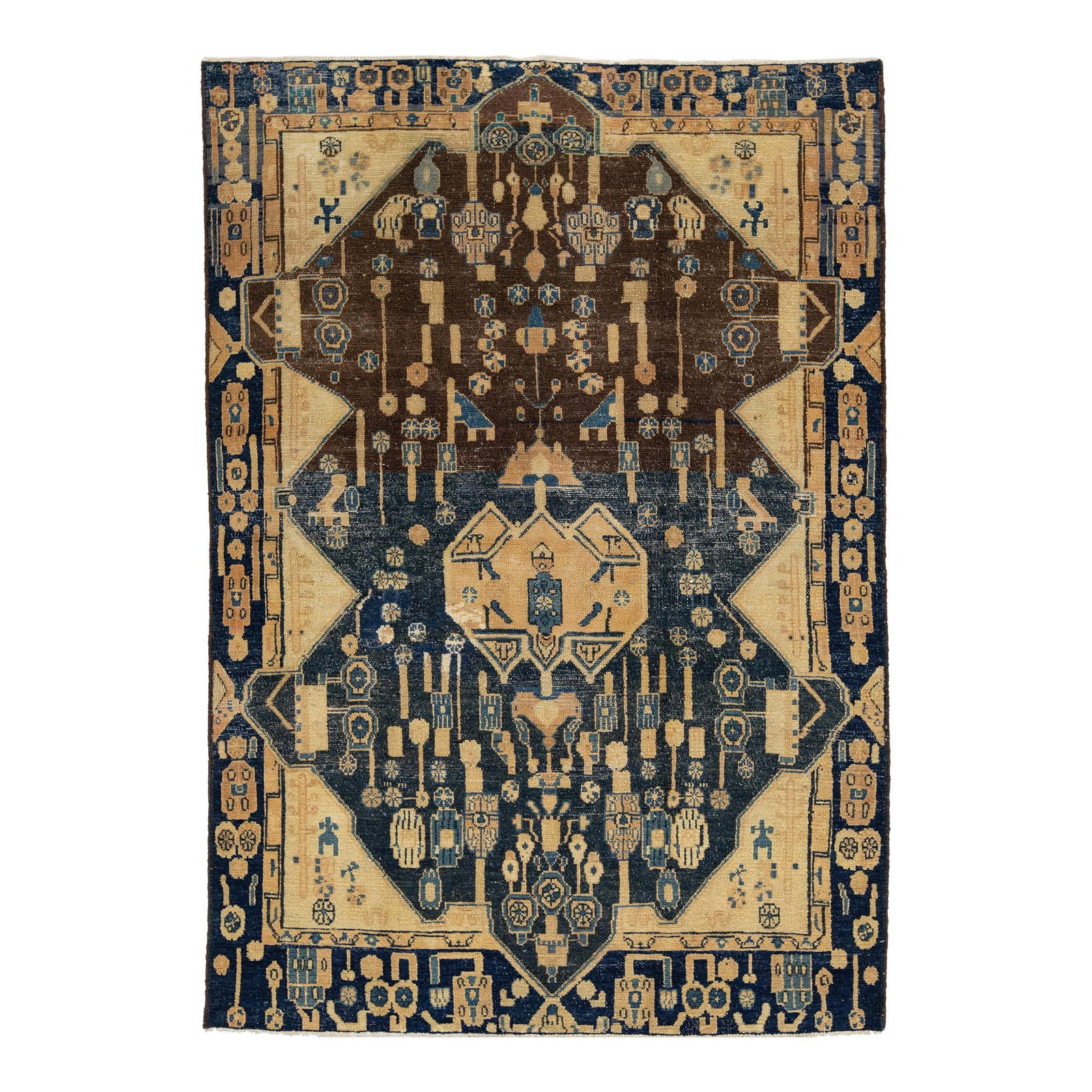 Handmade Vintage Persian Wool Rug Blue Brown Geometric 4'7'' x 6'8'': Handmade Vintage Persian Wool Rug Blue Brown Geometric 4'7'' x 6'8'' This exquisite vintage Persian rug showcases a stunning hand-knotted wool construction featuring a harmonious blend of beige, brown