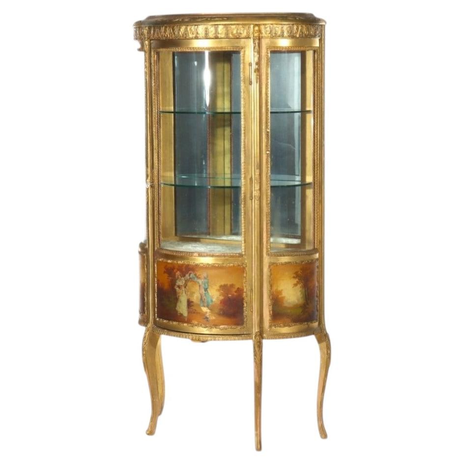 Antique French Vernis Martin Giltwood Display Cabinet with Ormolu Decoration c1890: Antique French Vernis Martin Giltwood Display Cabinet with Ormolu Decoration c1890 This antique French Louis XVI style vitrine, dating to circa 1890, is crafted from gilt wood and features hand-painte