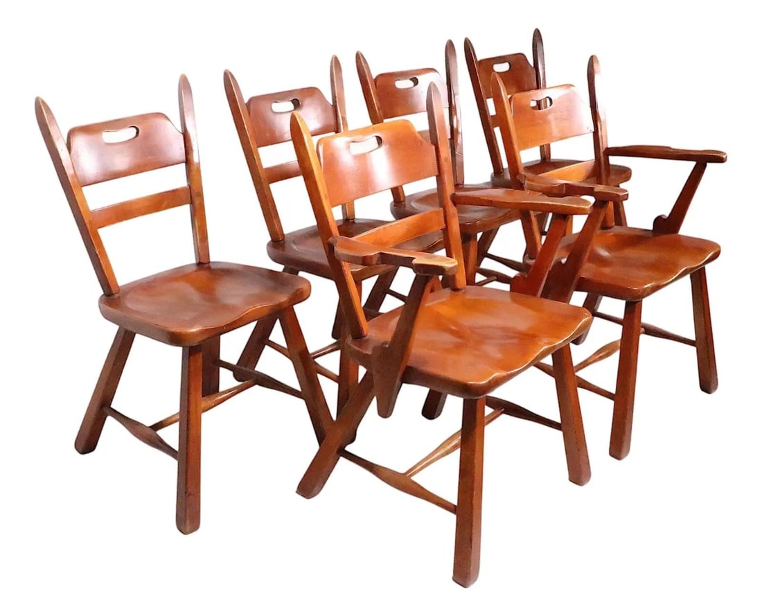 Six Cushman Colonial Maple Dining Chairs by Herman DeVries with Metal Tags: Six Cushman Colonial Maple Dining Chairs by Herman DeVries with Metal Tags This set includes six Cushman Colonial Creations dining chairs designed by Herman DeVries, featuring an early metal tag. The 