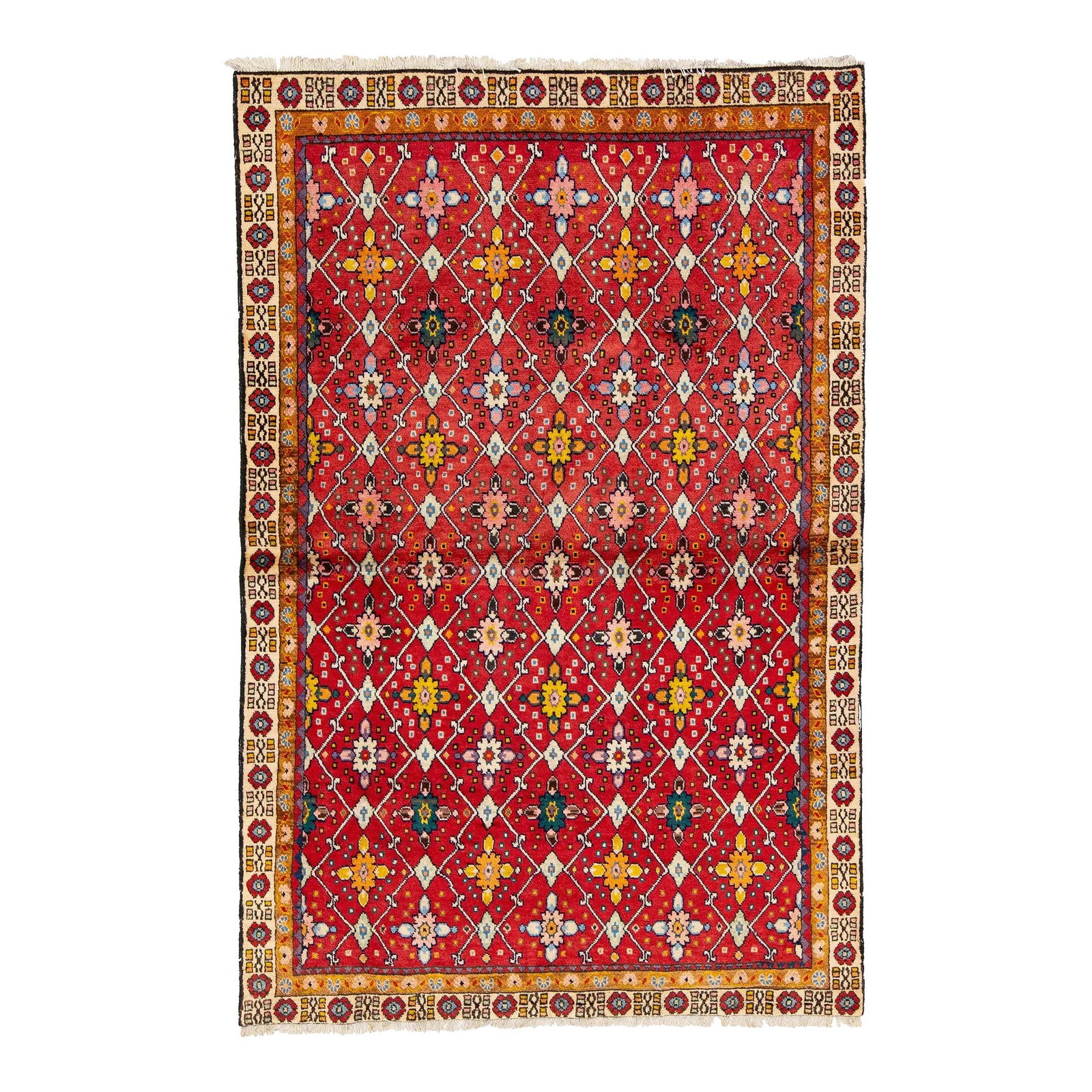 1960s Vintage Shiraz Red Wool Rug Geometric Floral Design 4'2 x 6'4: 1960s Vintage Shiraz Red Wool Rug Geometric Floral Design 4'2 x 6'4 This stunning vintage hand-knotted Shiraz wool rug features a vibrant red field that beautifully showcases a diverse array of colors