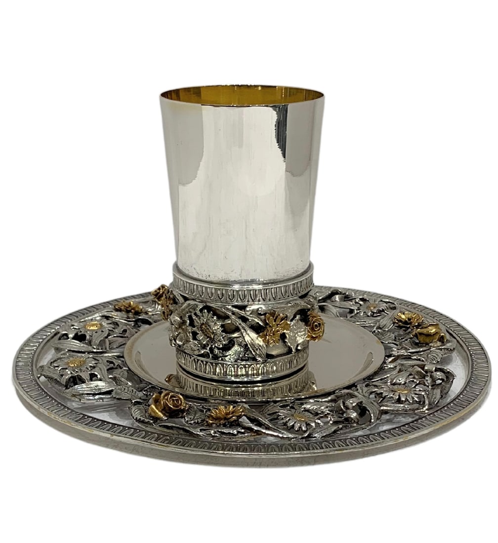 Italian 925 Sterling Silver Gold Plated Floral Cup and Tray: Italian 925 Sterling Silver Gold Plated Floral Cup and Tray This exquisite handmade cup and tray set features a stunning floral ornate design, crafted from fine Italian 925 sterling silver and plated 