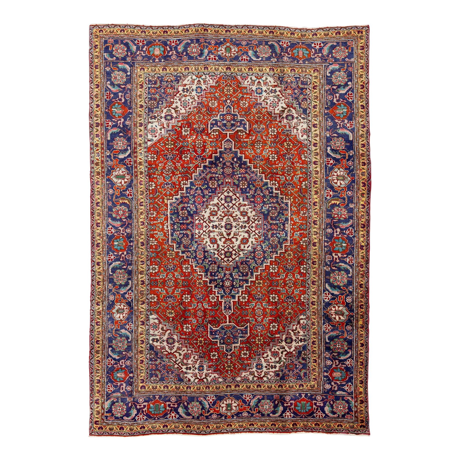 Vintage Tabriz Hand-Knotted Wool Rug Medallion Design 6'5 x 9'5: Vintage Tabriz Hand-Knotted Wool Rug Medallion Design 6'5 x 9'5 Experience the elegance of a vintage Tabriz rug, hand-knotted from high-quality wool. This stunning piece features a rich red and navy b