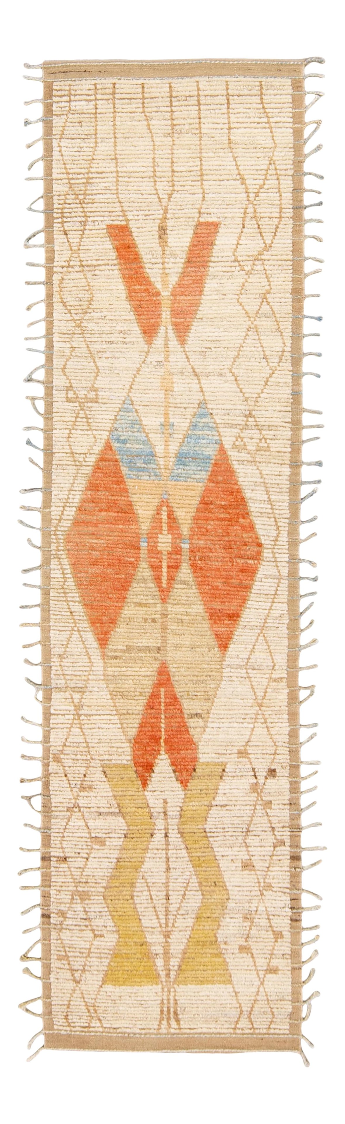 Beige and Orange Moroccan Handmade Wool Runner 3'2 x 12'5: Beige and Orange Moroccan Handmade Wool Runner 3'2 x 12'5 Enhance your space with this exquisite Moroccan style handmade wool runner rug, showcasing a beautiful beige field adorned with vibrant orange