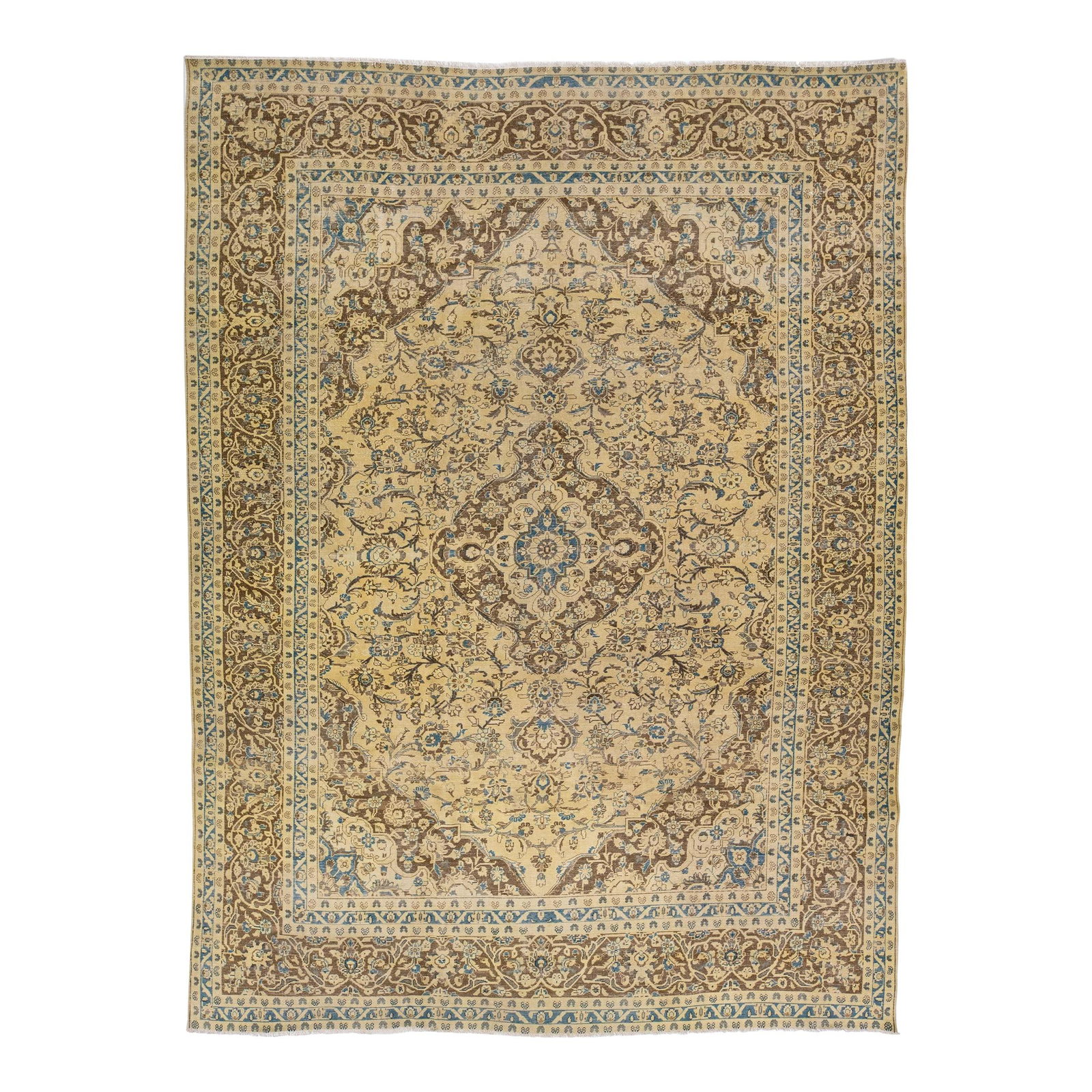 1930s Handmade Persian Tabriz Tan Wool Rug 9'4" x 12'3" Medallion Design: 1930s Handmade Persian Tabriz Tan Wool Rug 9'4" x 12'3" Medallion Design Elevate your space with this stunning 1930s handmade vintage Persian Tabriz rug. Featuring a beautiful beige color field, this 