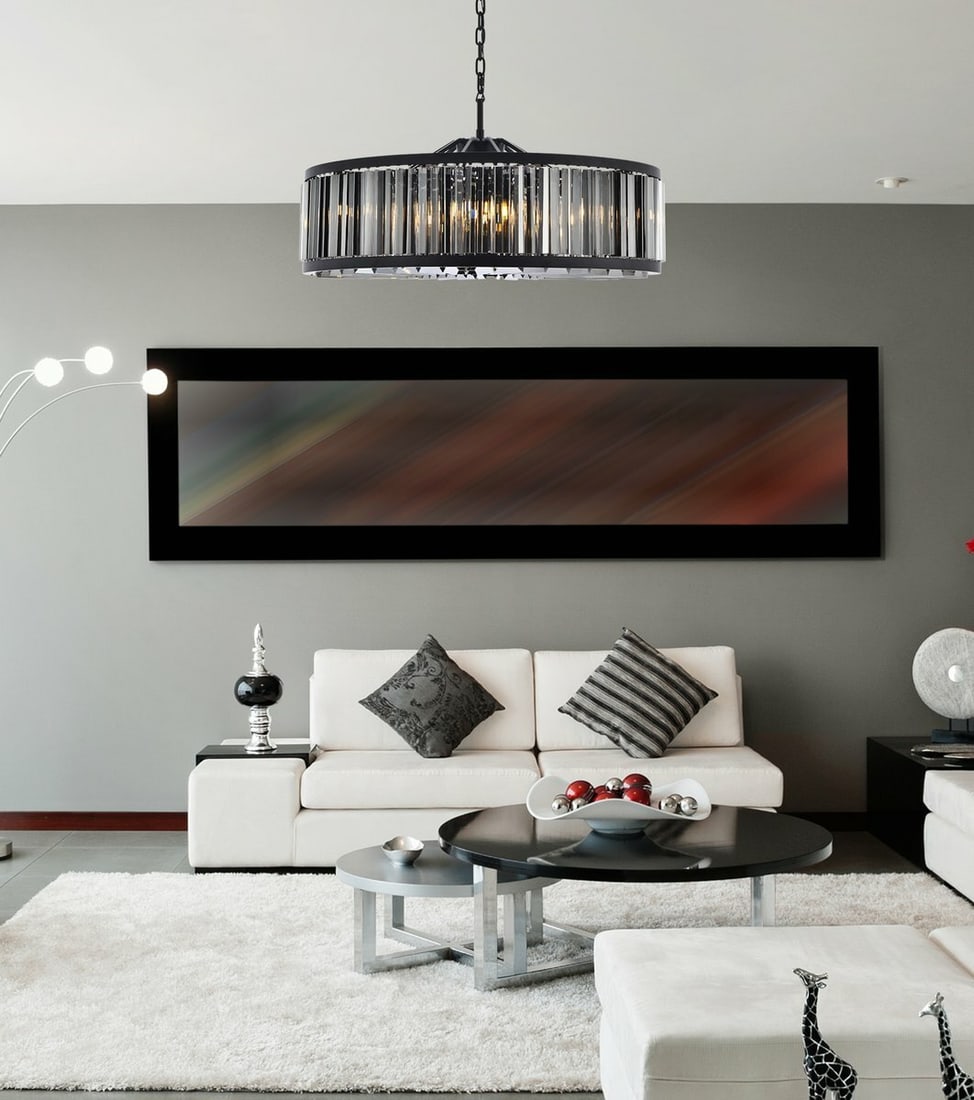 10-Light Matte Black Crystal Chandelier Chelsea 43.5 Inch: 10-Light Matte Black Crystal Chandelier Chelsea 43.5 Inch This large modern chandelier features a matte black frame adorned with high-quality Royal Cut silver shade crystals, creating a striking cente