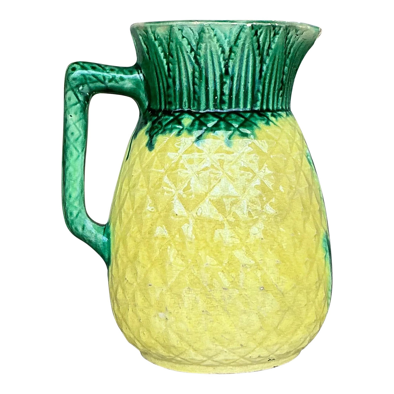 Vintage Boho Majolica Style Ceramic Pitcher with Raised Relief: Vintage Boho Majolica Style Ceramic Pitcher with Raised Relief Enhance your home decor with this Vintage Boho Majolica Style Raised Relief Pitcher. Showcasing intricate raised relief designs, it featu