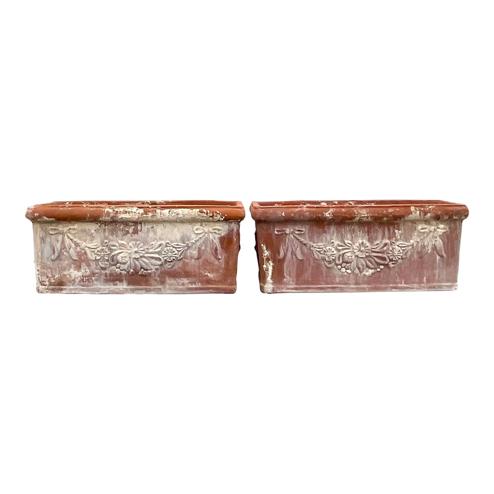 Pair of Vintage Boho Terra Cotta Planter Boxes: Pair of Vintage Boho Terra Cotta Planter Boxes Enhance your garden or home decor with this exquisite pair of Vintage Boho Patinated Terra Cotta Planter Boxes. These beautifully aged planters showcase 