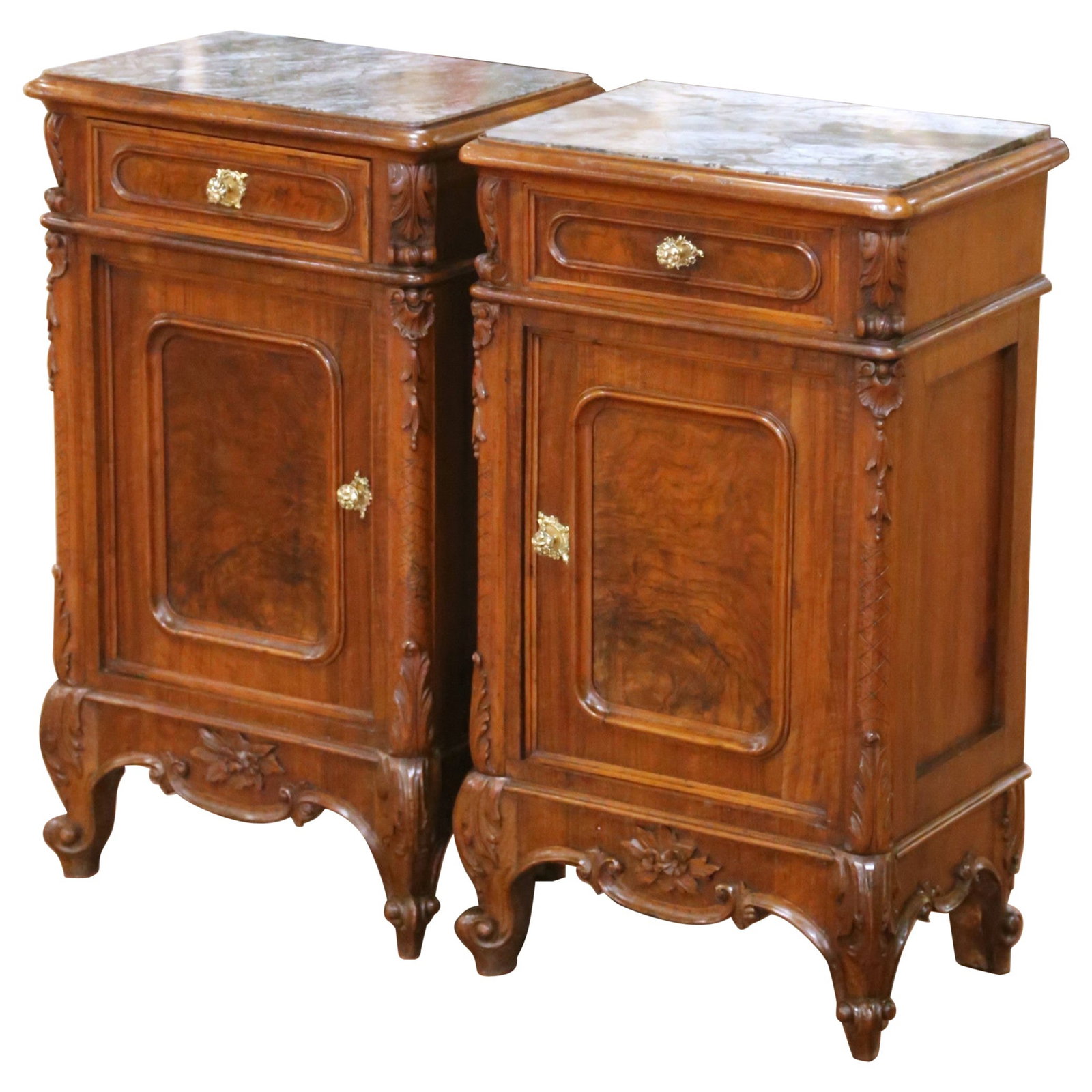 Set of 2 French walnut marble top bedside cabinets circa 1890 (1 of 13)