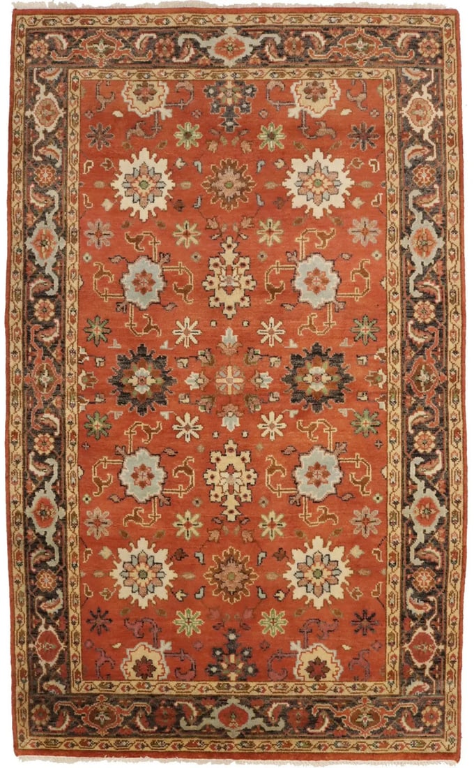 Hand-Knotted Wool Area Rug 5'10" x 9'9" Tribal Floral Pattern: Hand-Knotted Wool Area Rug 5'10" x 9'9" Tribal Floral Pattern This is a handmade Oriental area rug featuring a rare size and a tribal floral design. The rug is hand-knotted from wool and showcases a c