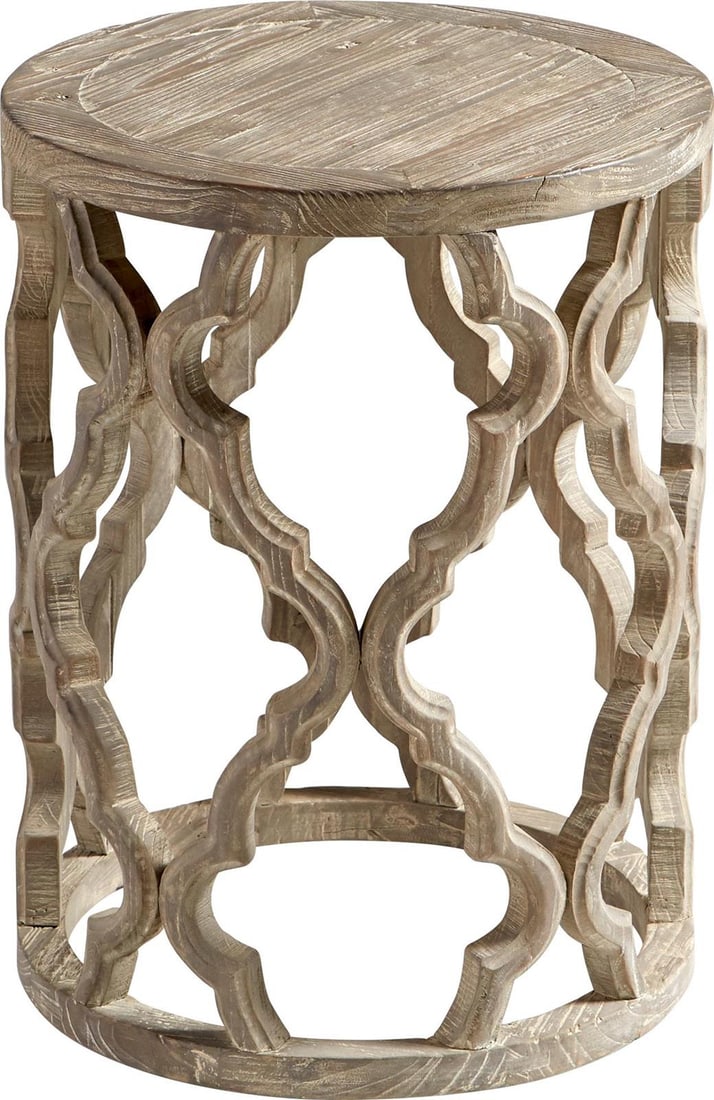 Cyan Sirah Rustic Round Side Table in Weathered Pine Finish: Cyan Sirah Rustic Round Side Table in Weathered Pine Finish Enhance your living space with this Traditional Weathered Pine Side Table, designed in a rustic style that complements various decor themes.