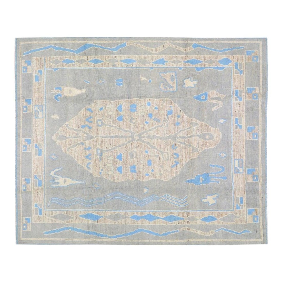 8'8 x 10'7 Handwoven Wool Oushak Rug with Allover Pattern: 8'8 x 10'7 Handwoven Wool Oushak Rug with Allover Pattern This Turkish hand woven Oushak rug features an allover design with a silky soft texture. Crafted from wool, it showcases a gray color palette 