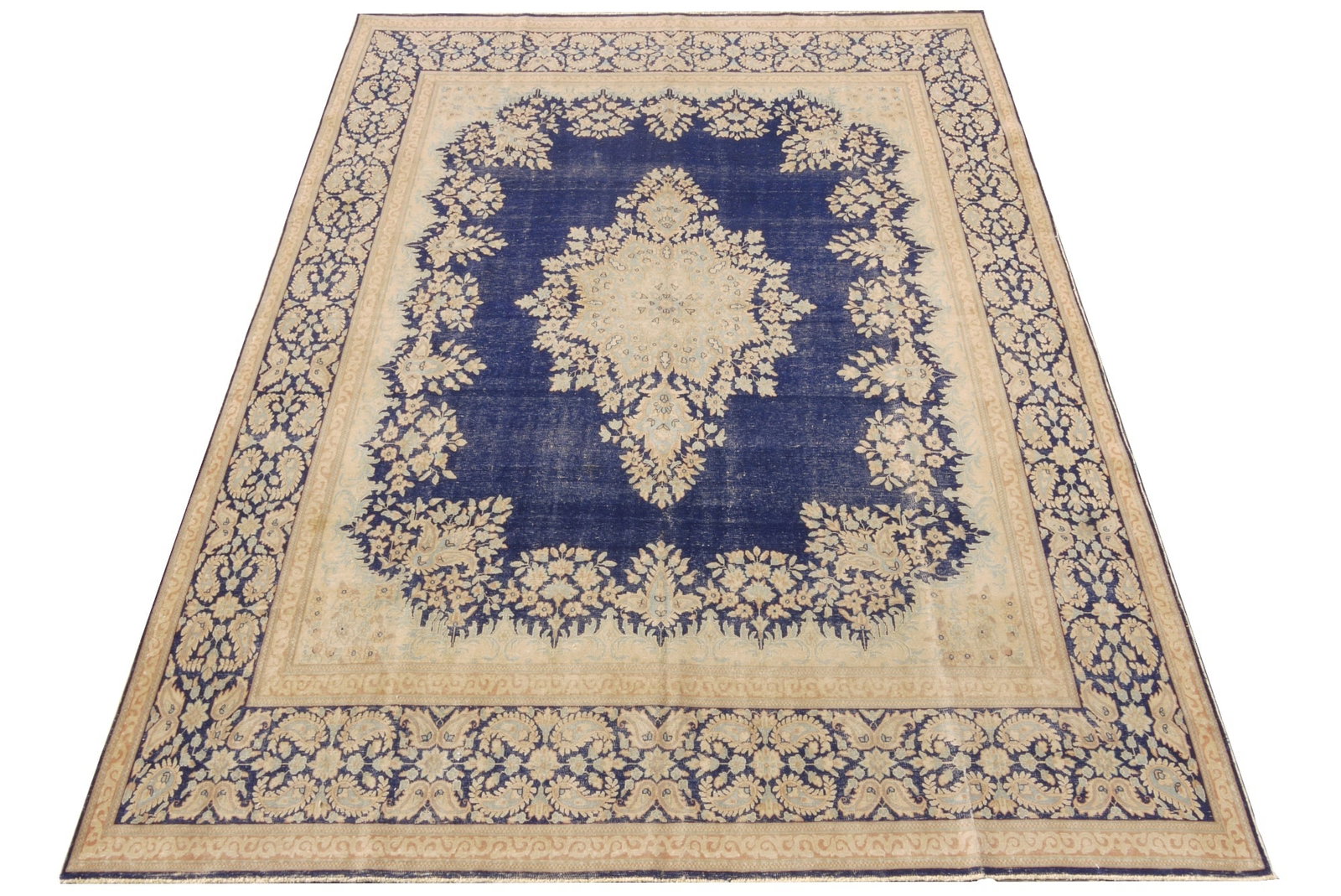 9.8 x 12.11 Blue Vintage Hand-knotted Persian Kerman Area Rug: 9.8 x 12.11 Blue Vintage Hand-knotted Persian Kerman Area Rug Free continental US Shipping Elevate your interior with this stunning 9.8 x 12.11 feet hand-knotted vintage Persian Kerman rug, a perfect 