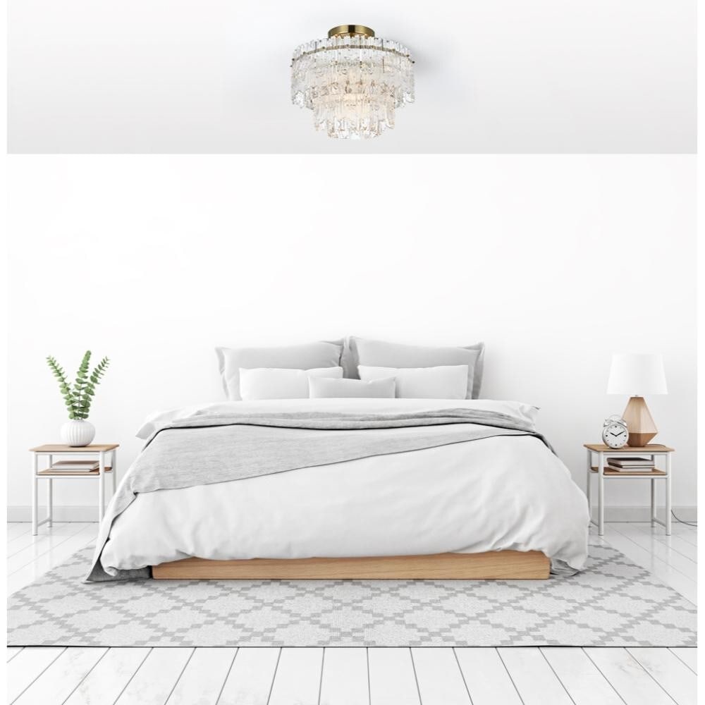 Emilia 4-Light Satin Gold Crystal Flush Mount Chandelier 15 Inch: Emilia 4-Light Satin Gold Crystal Flush Mount Chandelier 15 Inch This modern flush mount chandelier from the Emilia Collection features a high-quality satin gold finish and royal cut clear crystals, a