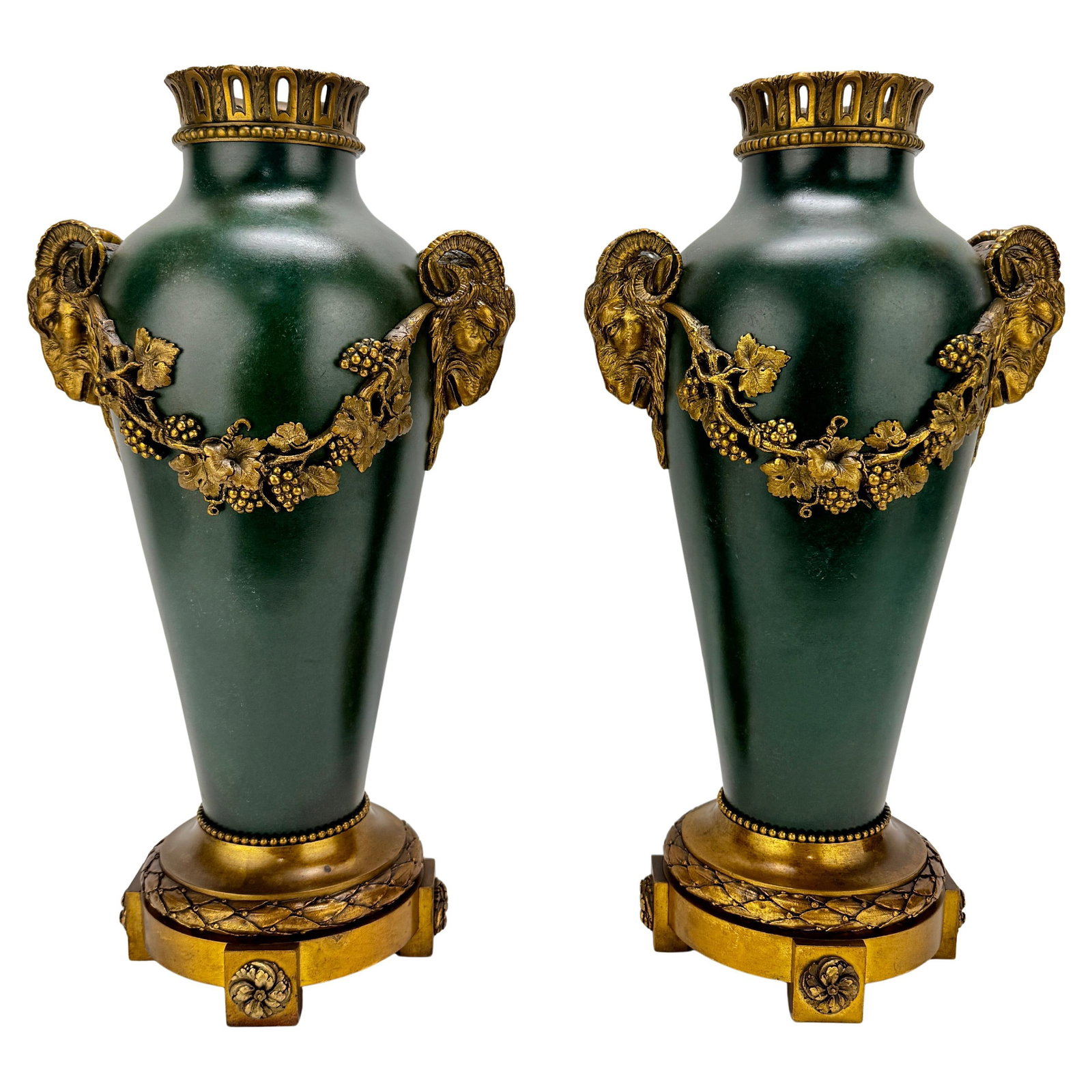 Set of 2 Fumiere French Empire Revival Gilt-Bronze Vases: Set of 2 Fumiere French Empire Revival Gilt-Bronze Vases This exquisite pair of French Empire Revival vases, crafted by Fumiere et Cie in Paris around 1890, showcases the majestic elegance and intrica