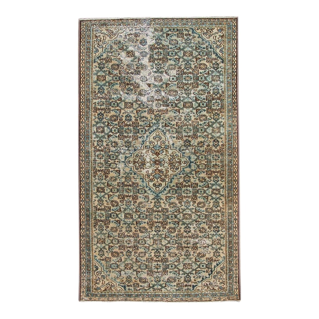 Vintage Handmade Beige Floral Wool Rug Distressed Design 3'6 x 6'3: Vintage Handmade Beige Floral Wool Rug Distressed Design 3'6 x 6'3 This exquisite vintage rug features a beautiful distressed hand-knotted design, showcasing a beige field adorned with blue and brown 