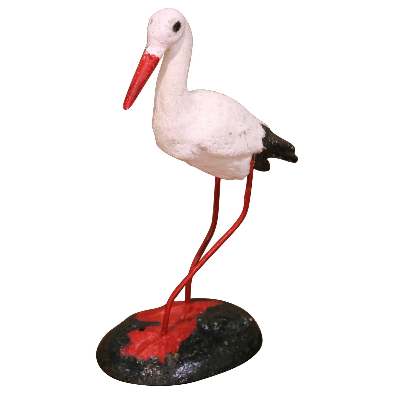 French Country Concrete Stork Sculpture with Iron Legs Hand Painted Circa 1960 (1 of 9)