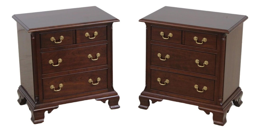 Set of Two Cherry Wood Nightstands with Three Drawers by Stickley: Set of Two Cherry Wood Nightstands with Three Drawers by Stickley This pair of traditional-style nightstands is crafted from cherry wood and features a high sheen finish. Each nightstand offers three 