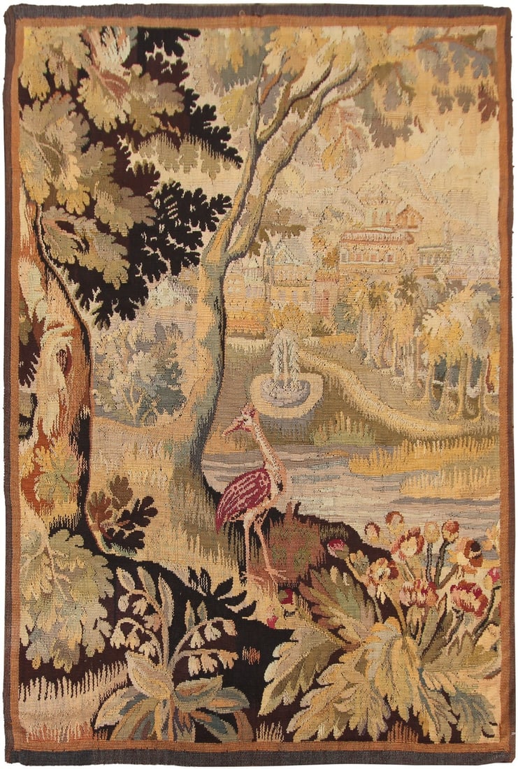 Antique Flemish Verdure Bird Wool Silk Wall Tapestry 4x6: Antique Flemish Verdure Bird Wool Silk Wall Tapestry 4x6 This is an antique Flemish tapestry from Belgium, dating to circa 1880. Expertly handwoven from wool and silk, it features a verdure pattern wi