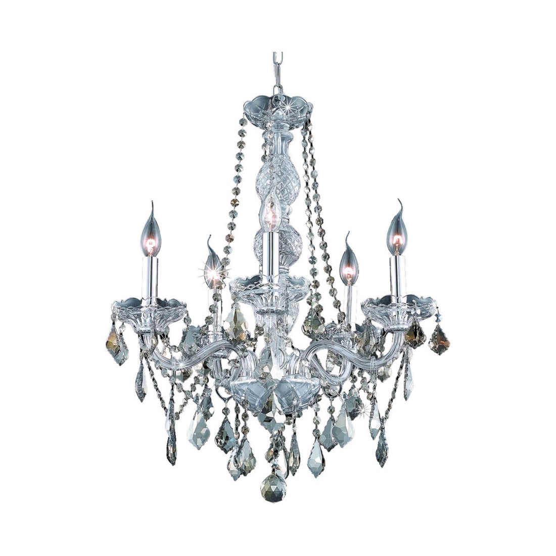 Verona 5-Light Chrome Chandelier with Golden Teak Crystal: Verona 5-Light Chrome Chandelier with Golden Teak Crystal This pre-owned chandelier features a modern design with a chrome frame and Royal Cut golden teak crystals, inspired by Venetian or Murano styl