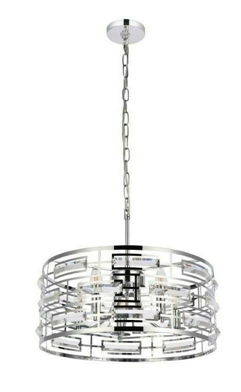 Kennedy 5 Light Chrome Crystal Chandelier by: Kennedy 5 Light Chrome Crystal Chandelier by Modern 5-light chandelier with a chrome finish and a frame made of crystal, glass, iron, metal, and steel. It features a height-adjustable design, exposed 