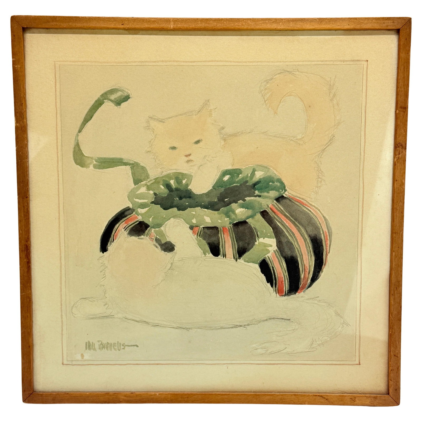 Will Rannells Cats and Ribboned Box Watercolor Mid-Century Modern: Will Rannells Cats and Ribboned Box Watercolor Mid-Century Modern This delightful watercolor titled "Cats and Ribboned Box" by American artist Will Rannells (1892-1982) features two fluffy white cats 