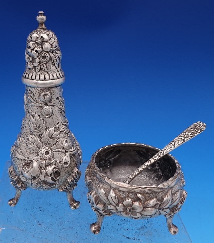 Kirk Repousse Sterling Silver 3-Piece Salt Pepper Set Vintage 1896-1924: Kirk Repousse Sterling Silver 3-Piece Salt Pepper Set Vintage 1896-1924 Enhance your dining experience with this exquisite 3-piece sterling silver salt and pepper set by Kirk, featuring the elegant Re