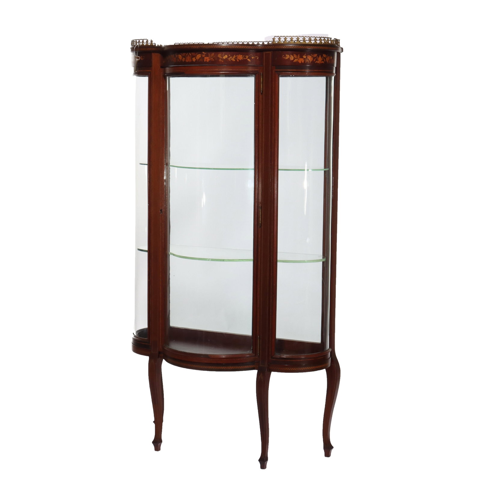 19th Century Mahogany Vitrine with Inlaid Marquetry Attributed to RJ Horner: 19th Century Mahogany Vitrine with Inlaid Marquetry Attributed to RJ Horner This antique vitrine, attributed to RJ Horner and dating from the 19th century, exemplifies fine craftsmanship. Expertly con