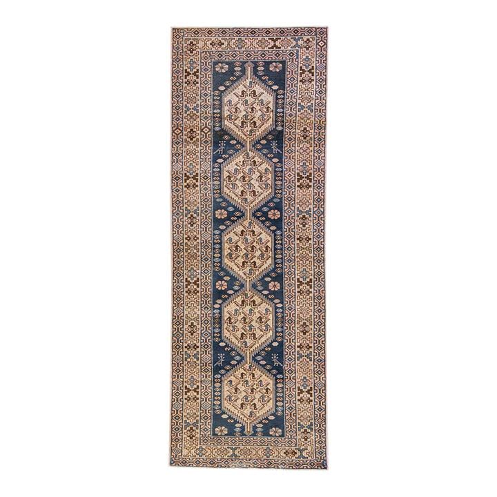 Vintage 1960s Handmade Geometric Blue Wool Runner 3'5 x 9'10: Vintage 1960s Handmade Geometric Blue Wool Runner 3'5 x 9'10 This stunning vintage geometric runner is hand-knotted from high-quality wool, featuring a vibrant blue field adorned with brown and tan ac