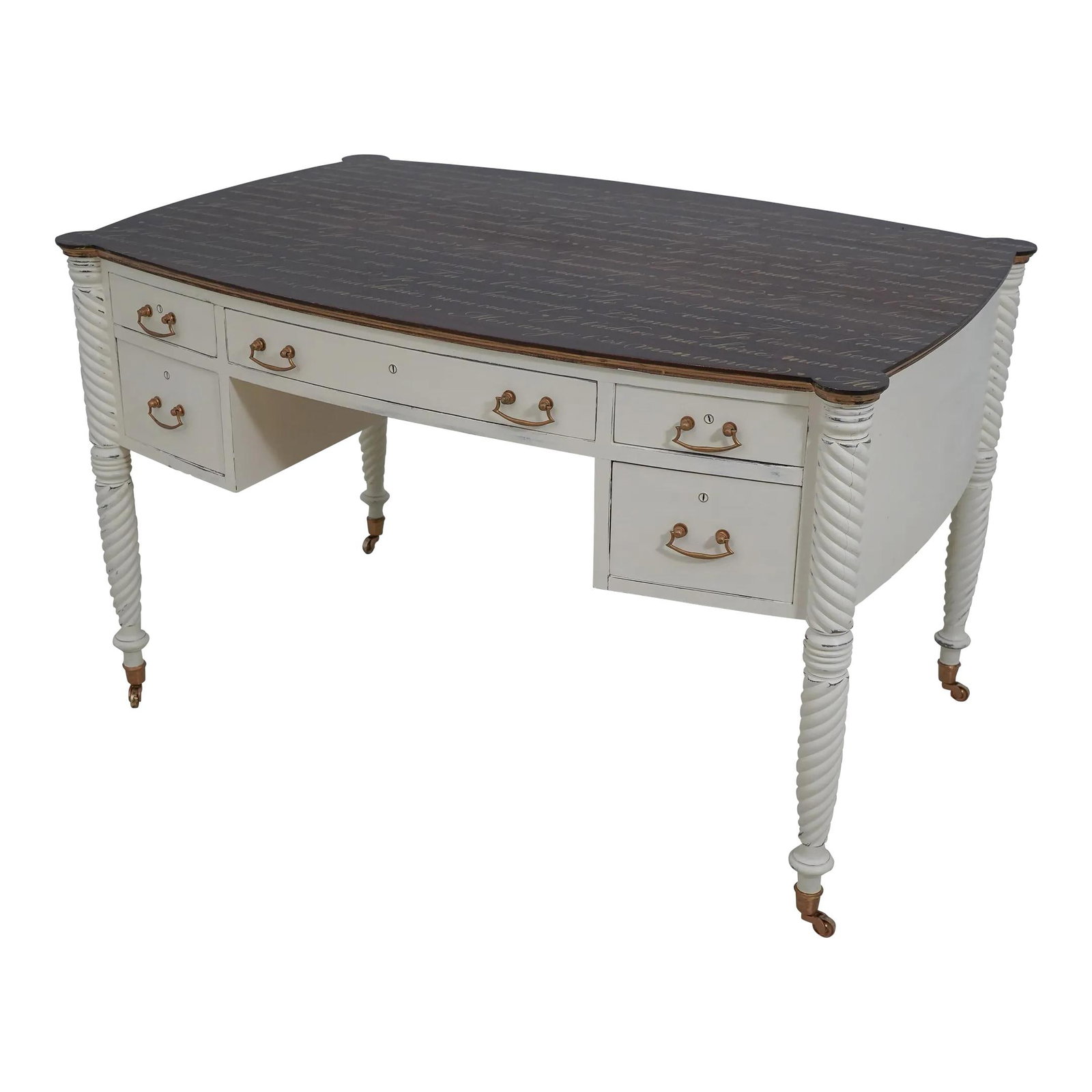 Vintage 1930 French Chic Painted Writing Desk with Gold Script: Vintage 1930 French Chic Painted Writing Desk with Gold Script This elegant French chic writing desk, dating from the 1930s, showcases intentional distressing for a vintage appeal. It features a beaut