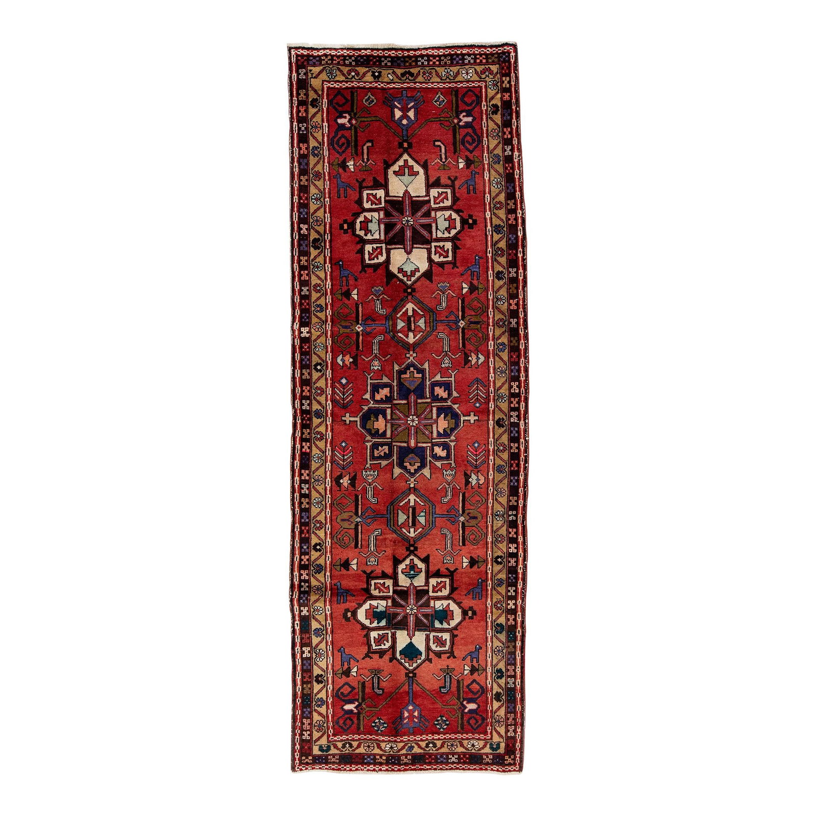 1960s Persian Heriz Red Hand-Knotted Wool Medallion Runner 3'4 x 10': 1960s Persian Heriz Red Hand-Knotted Wool Medallion Runner 3'4 x 10' Enhance your home decor with this beautiful vintage Persian Heriz hand-knotted wool runner. Featuring a vibrant red color field, th