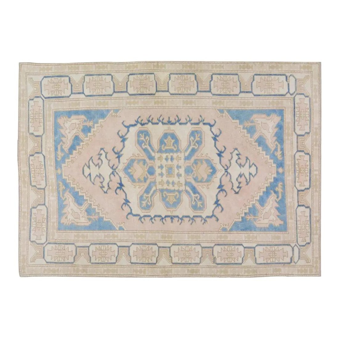 Hand-Knotted Wool Anatolian Rug in Tan 5'9'' x 8'2'': Hand-Knotted Wool Anatolian Rug in Tan 5'9'' x 8'2'' This vintage Turkish Anatolian rug is hand-knotted from wool using traditional techniques, showcasing skilled craftsmanship and a blend of classic 