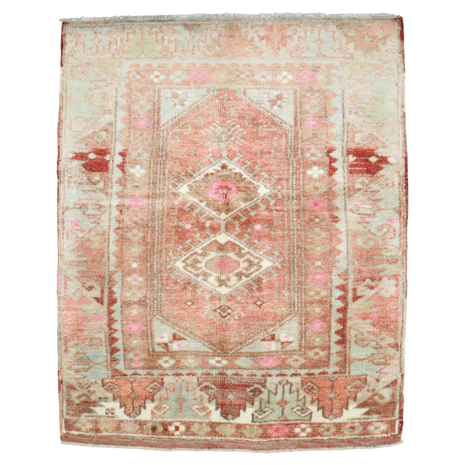3'3'' x 3'9'' Vintage Anatolian Wool Rug from Turkey: 3'3'' x 3'9'' Vintage Anatolian Wool Rug from Turkey Vintage mid-20th century Anatolian carpet from Turkey in an Adirondack style. This square-size rug is made of wool and dates to circa 1940. It is p