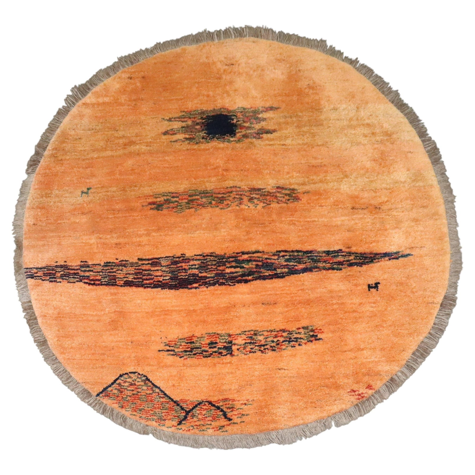 Orange Wool Round Gabbeh Rug 5'3 x 5'1: Orange Wool Round Gabbeh Rug 5'3 x 5'1 This is an orange round Gabbeh rug in the Adirondack style, crafted from wool in Turkey during the late 20th century. The rug features contemporary design elemen