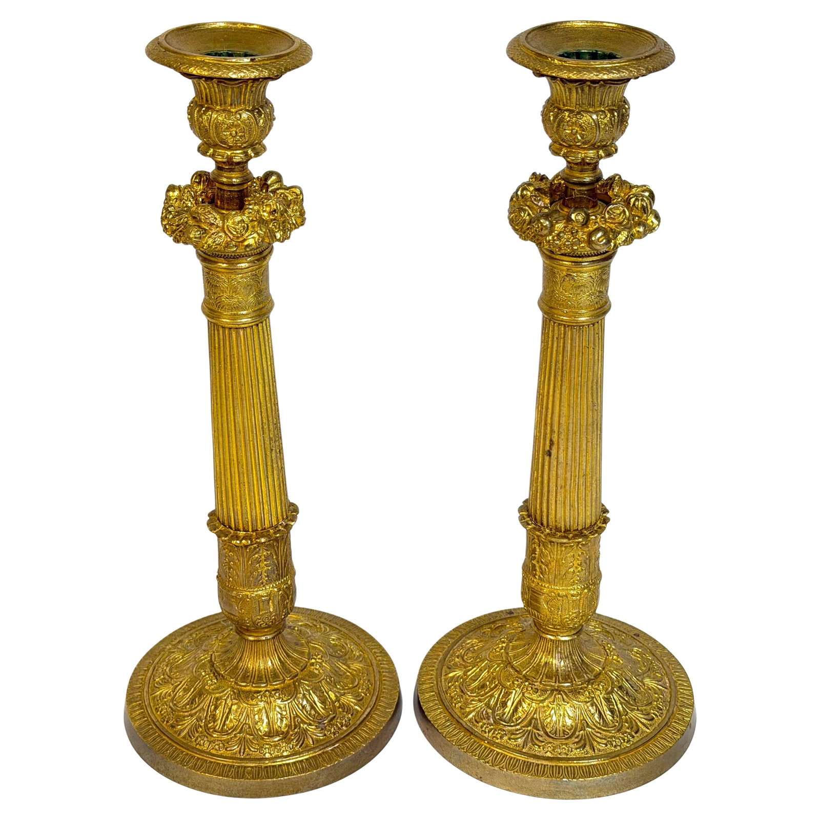 Set of 2 French Charles X Ormolu Candlesticks Attributed to Feuchere Workshop: Set of 2 French Charles X Ormolu Candlesticks Attributed to Feuchere Workshop This is a refined pair of French Charles X period ormolu candlesticks, attributed to the workshop of Pierre-Francois Feuch