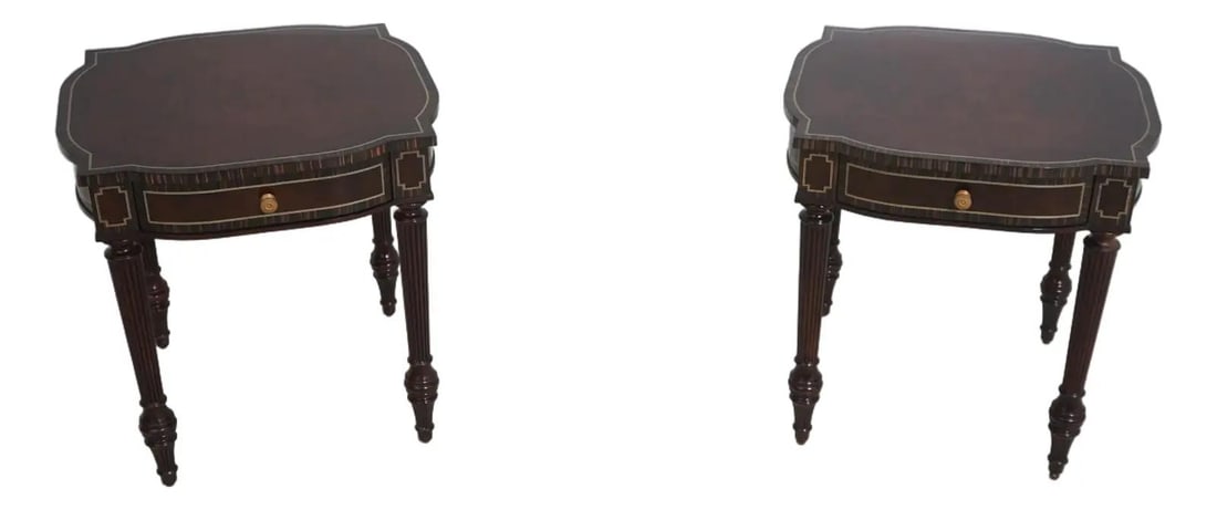 Set of two French walnut inlay end tables model 5006-028: Set of two French walnut inlay end tables model 5006-028 This pair of Theodore Alexander Model 5006-028 French end tables features high-quality construction with elegant inlay work throughout. Each ta