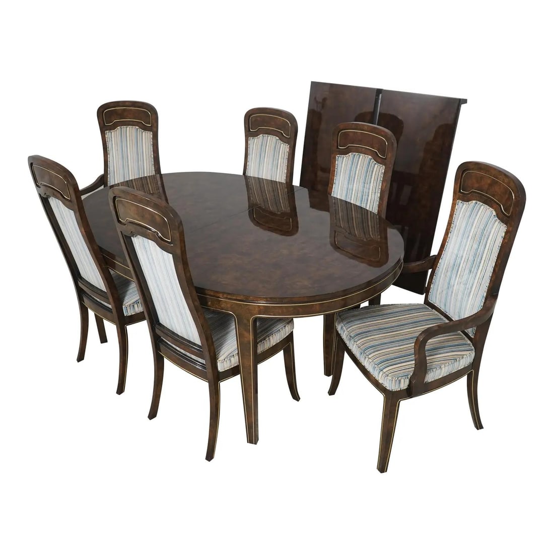 Mastercraft Mid Century Modern Dining Table and Chairs Set with Brass Trim: Mastercraft Mid Century Modern Dining Table and Chairs Set with Brass Trim This exquisite Mid Century Modern Dining Table and Chairs Set, dating back to the 1960s, showcases a stunning burl walnut con
