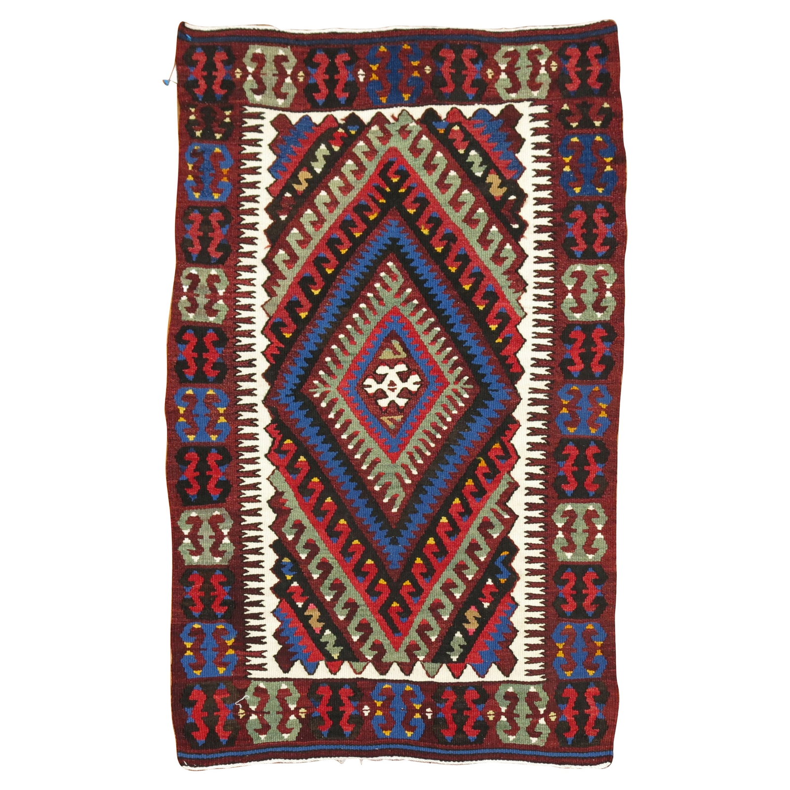 Mid-20th Century Turkish Handwoven Wool Mini Kilim Rug 28 x 42 Inches: Mid-20th Century Turkish Handwoven Wool Mini Kilim Rug 28 x 42 Inches This mini size Turkish Kilim from the mid-20th century features an archaistic style and is hand-woven from wool. Originating from 