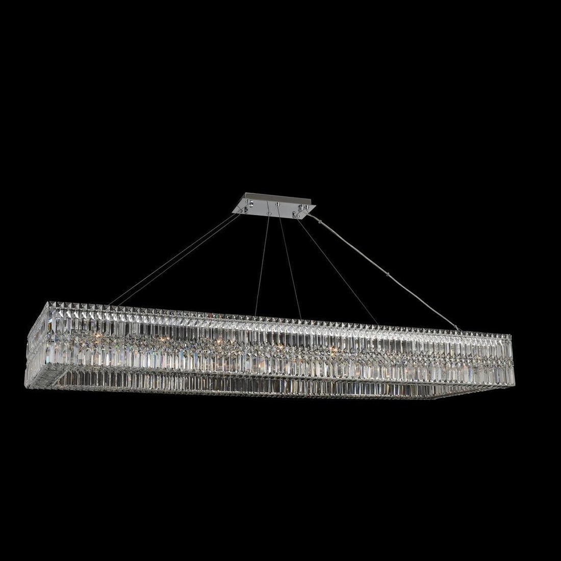 Rettangolo 72 Inch Chrome Island Light with Firenze Crystal by Kalco: Rettangolo 72 Inch Chrome Island Light with Firenze Crystal by Kalco This island fixture features a modern design with a chrome finish and Firenze clear crystal accents. Crafted from Firenze crystal a