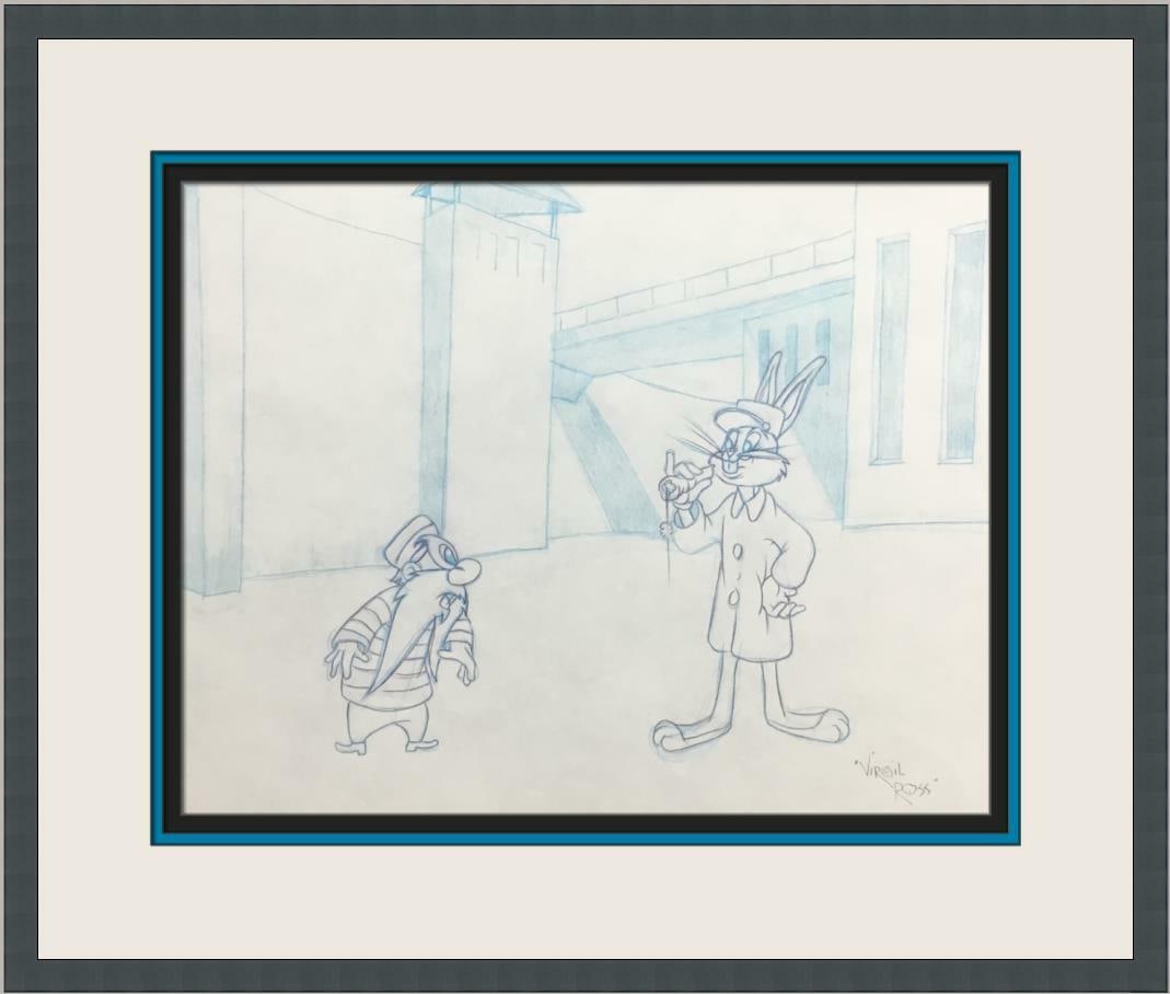 Bugs Bunny Yosemite Sam Signed Concept Drawing by Virgil Ross: Bugs Bunny Yosemite Sam Signed Concept Drawing by Virgil Ross This original concept production drawing features the iconic characters Bugs Bunny and Yosemite Sam, illustrated by the legendary animator