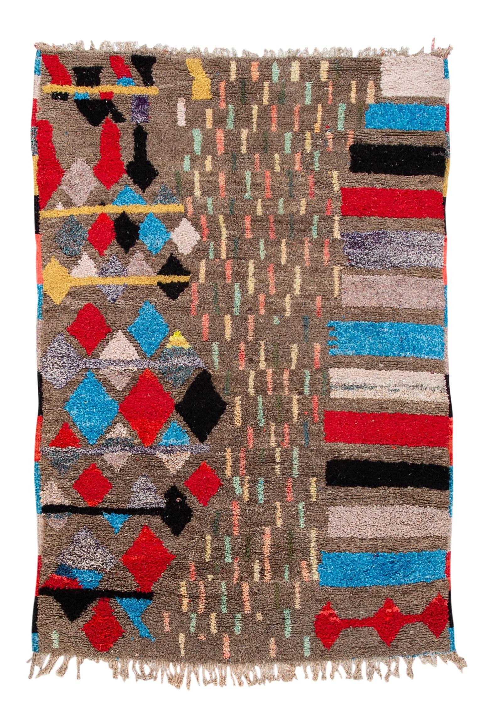 Vintage Boujad Moroccan Hand-Knotted Wool Rug Multicolor Design: Vintage Boujad Moroccan Hand-Knotted Wool Rug Multicolor Design Discover the charm of this Vintage Boujad Moroccan hand-knotted wool rug, featuring a rich brown field adorned with vibrant, multicolore