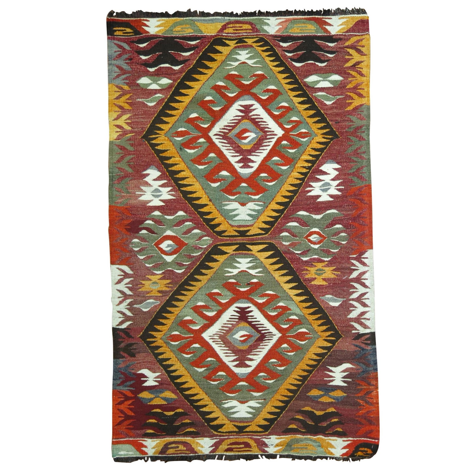 Mid Century Tribal Turkish Wool Hand Knotted Kilim Rug: Mid Century Tribal Turkish Wool Hand Knotted Kilim Rug This mid-20th century Turkish Kilim throw rug features a vibrant geometric design in rustic colors. Hand-knotted from wool, it showcases traditio
