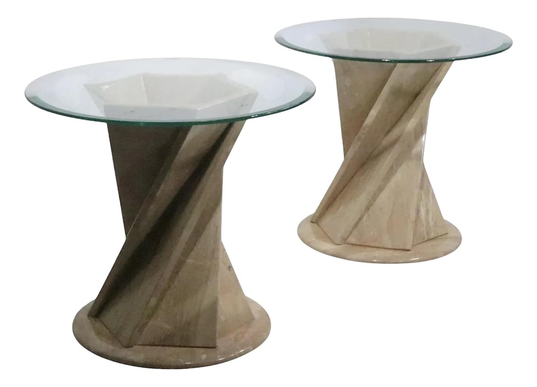 Modernist Italian Travertine Twist Base End Tables Set of 2 C. 1970/80s: Modernist Italian Travertine Twist Base End Tables Set of 2 C. 1970/80s This stunning pair of end tables showcases a modernist design with elegant Italian craftsmanship. Crafted from travertine marble