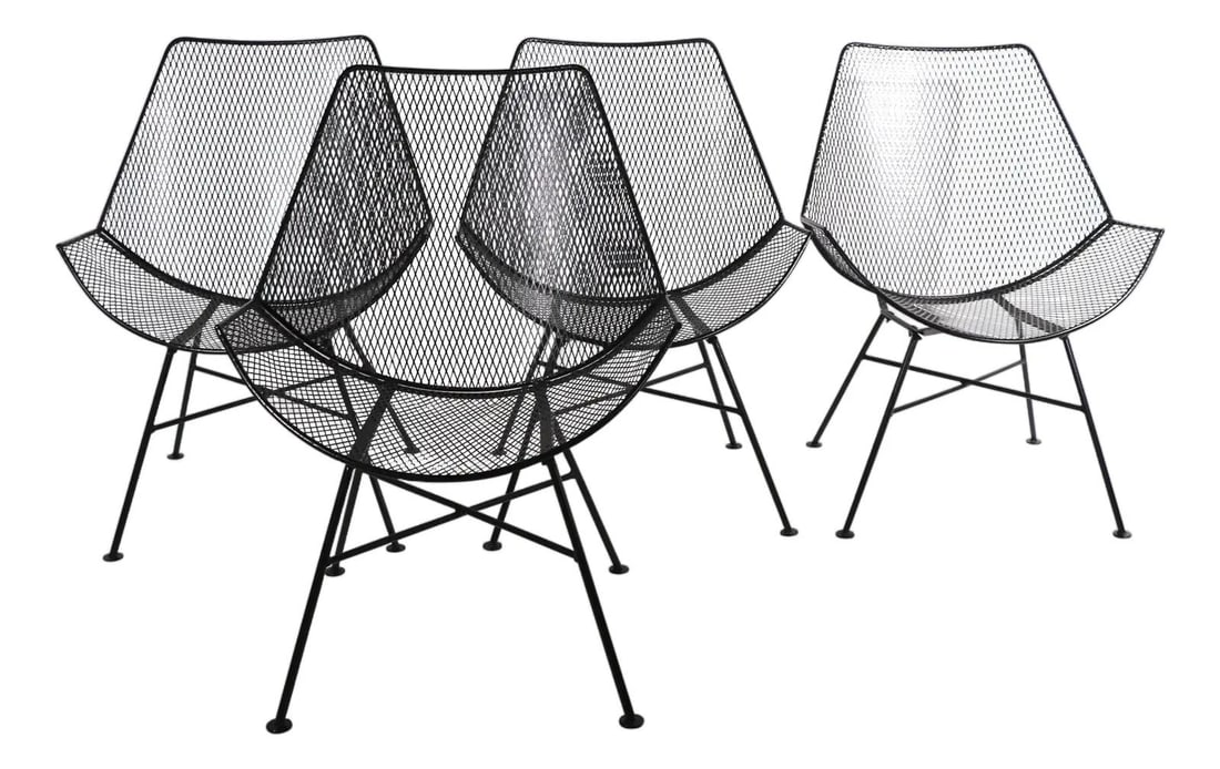 Set of Four Vintage Black Wrought Iron Mesh Lounge Chairs Attributed to Tempestini: Set of Four Vintage Black Wrought Iron Mesh Lounge Chairs Attributed to Tempestini This rare set of four mid-century lounge chairs is attributed to Tempestini for Salterini. Each chair features a stur