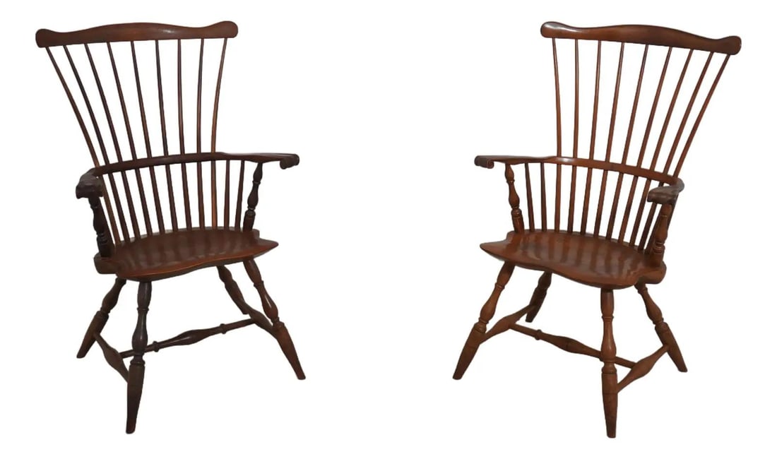 Pair of Robert T. Hogg Walnut Windsor Armchairs Handcrafted Quality: Pair of Robert T. Hogg Walnut Windsor Armchairs Handcrafted Quality This pair of Robert T. Hogg Walnut Windsor Armchairs showcases high-quality craftsmanship and a classic design. Constructed from sol