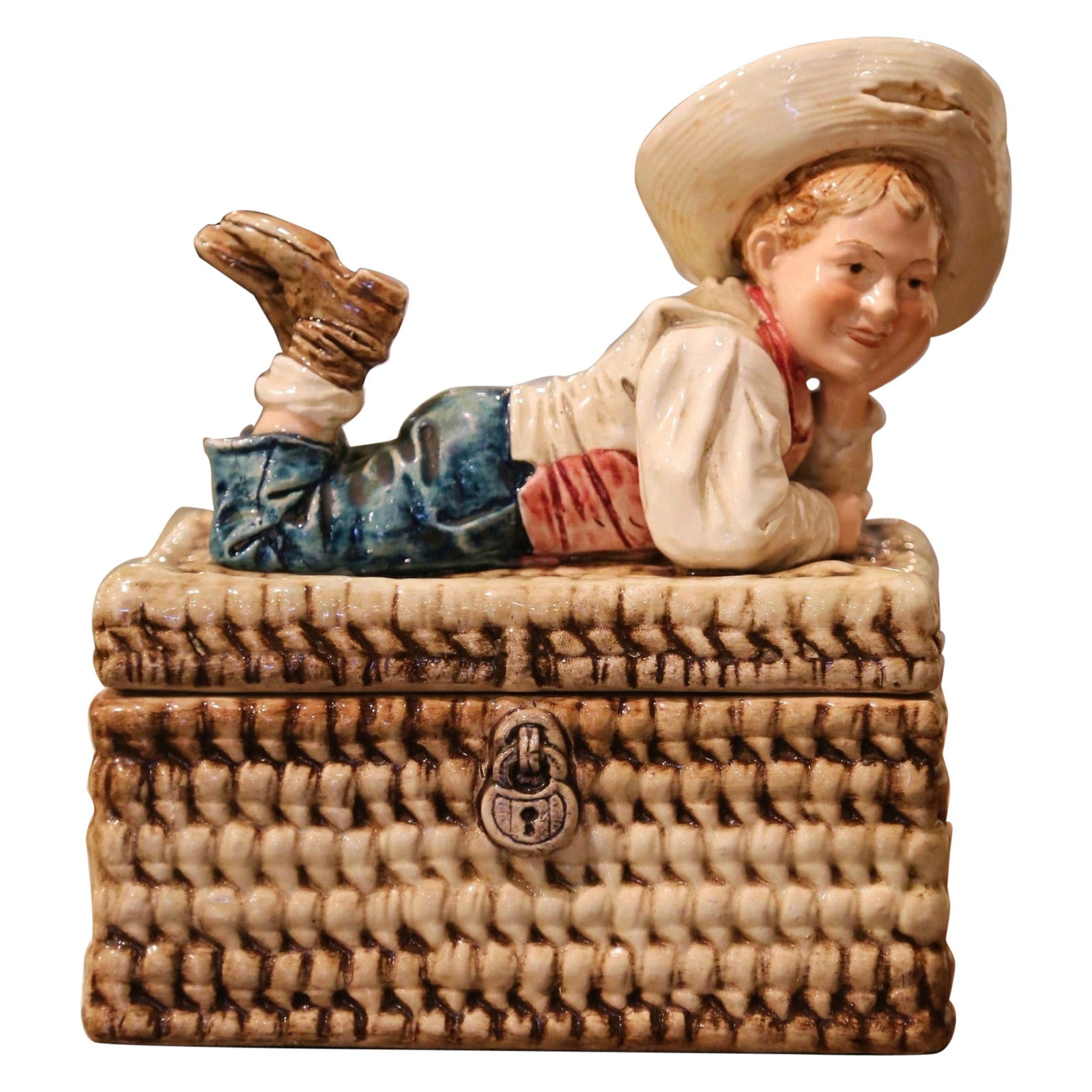 French Majolica Hand Painted Boy on Basket Decorative Ceramic Box (1 of 11)