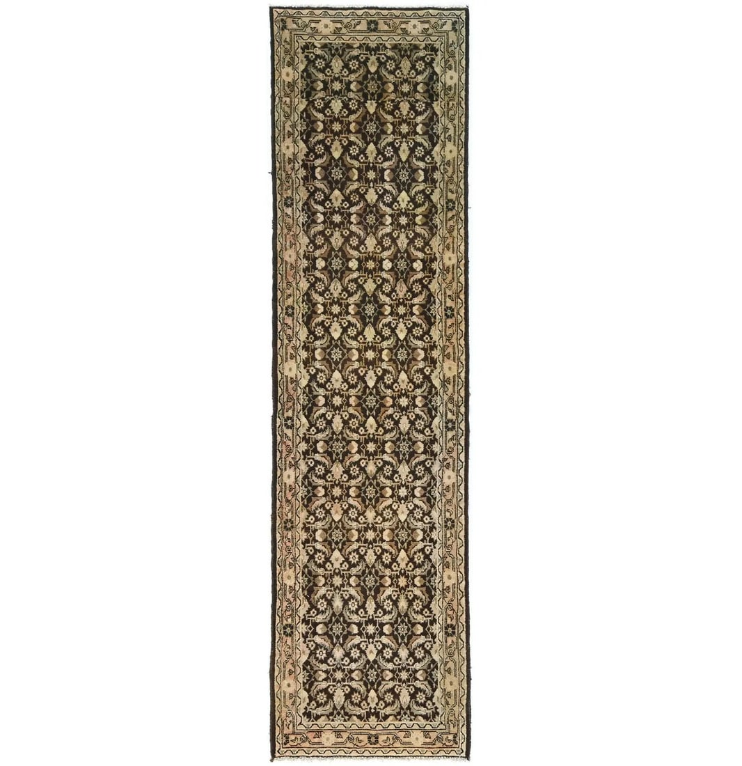 Hand Knotted Wool Vintage Runner 2'9 x 10'7 Floral Tribal: Hand Knotted Wool Vintage Runner 2'9 x 10'7 Floral Tribal This semi-antique Oriental runner rug features a handmade, allover tribal design with floral patterns in shades of dark brown, beige, cream, a
