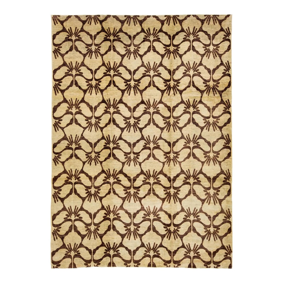 Peshawar Wool Medallion Rug 9'1 x 12'8 Brown Beige: Peshawar Wool Medallion Rug 9'1 x 12'8 Brown Beige This hand-knotted Peshawar wool rug showcases a grid of stylized floral medallions in dark brown set against a soft beige field. The symmetrical layo