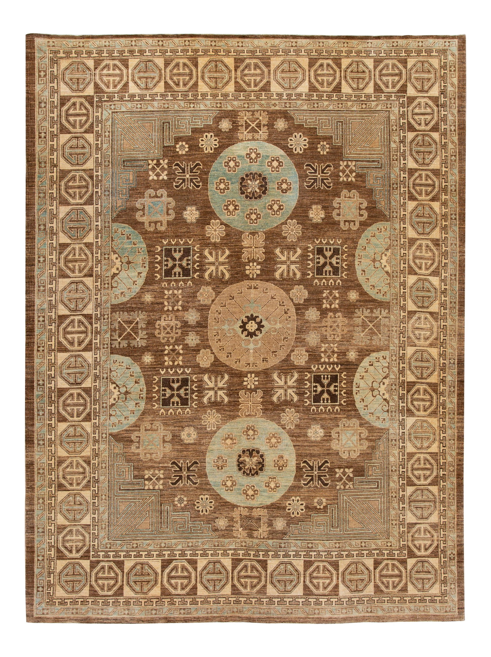 Contemporary Khotan Wool Rug 9'1" x 12' Tan Geometric Design: Contemporary Khotan Wool Rug 9'1" x 12' Tan Geometric Design Enhance your living space with this stunning modern Khotan wool rug, expertly hand-knotted to showcase a geometric design adorned with tan 