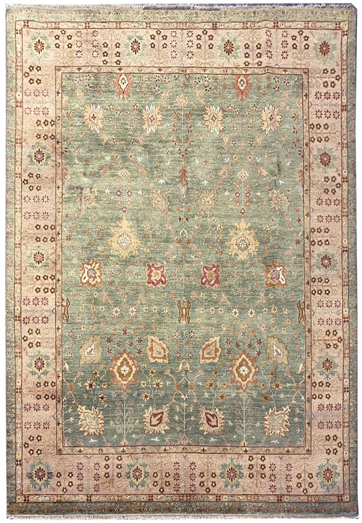 8 x 10 Green Agra Rug Hand-Knotted Natural Wool Rustic Elegance (1 of 11)