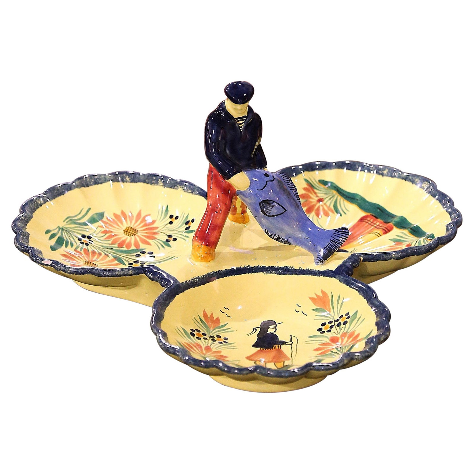 French Faience Three-Compartment Dish Hand Painted Signed HB Quimper Circa 1950: French Faience Three-Compartment Dish Hand Painted Signed HB Quimper Circa 1950 This mid-20th century French faience dish, crafted and hand painted in Brittany circa 1950, showcases the signature arti